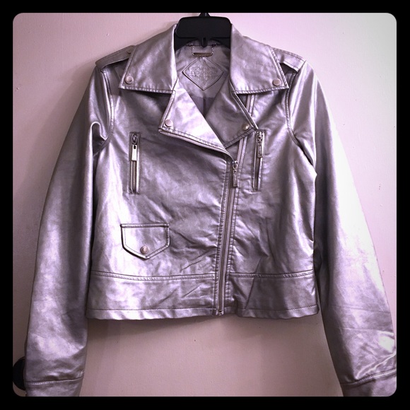 Jou Jou Jackets & Blazers - Joujou ~ Metallic Silver MOTO Faux Leather Jacket